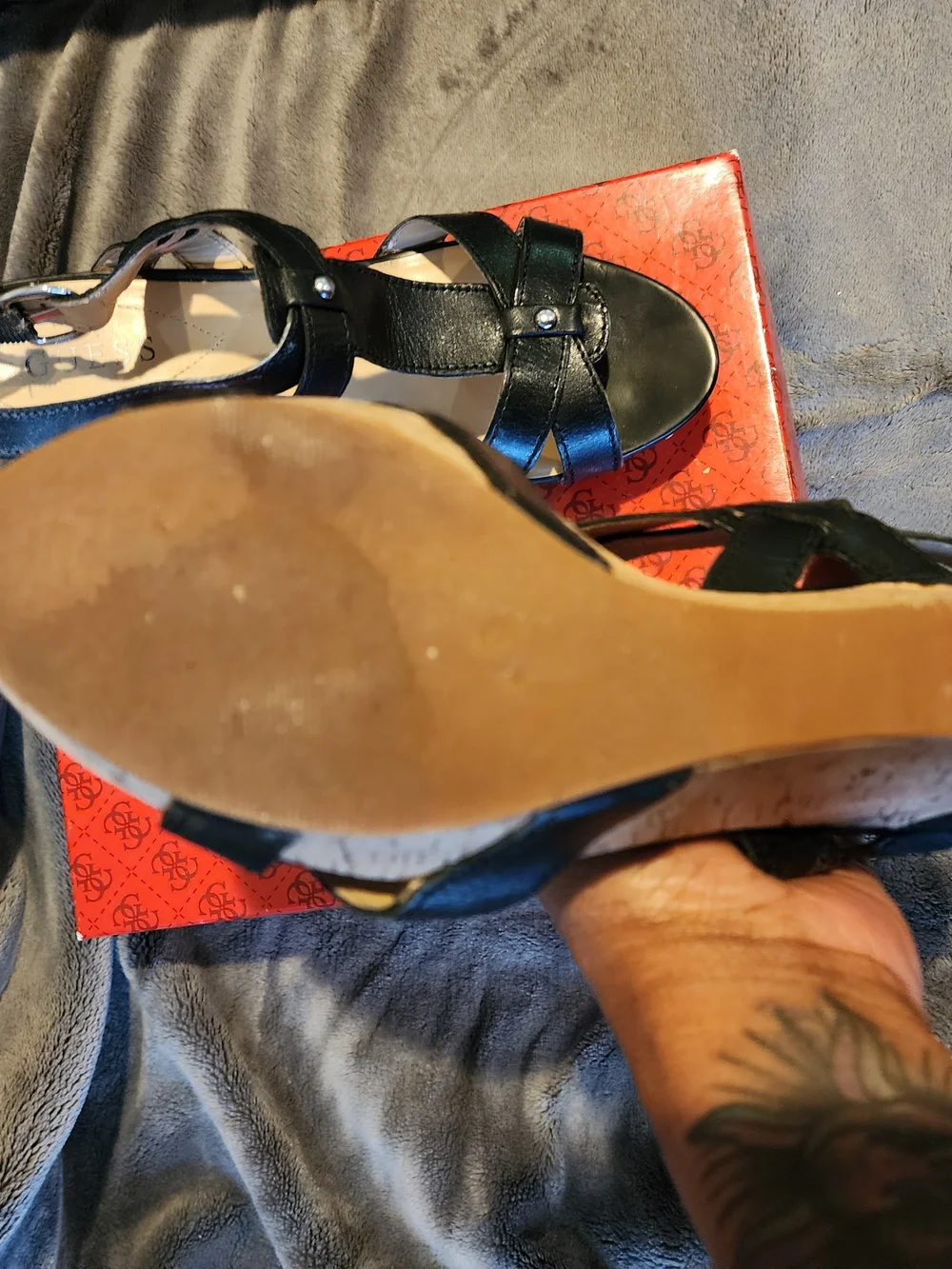 Guess Black Leather Cork-Platform Strappy Sandals 9 M